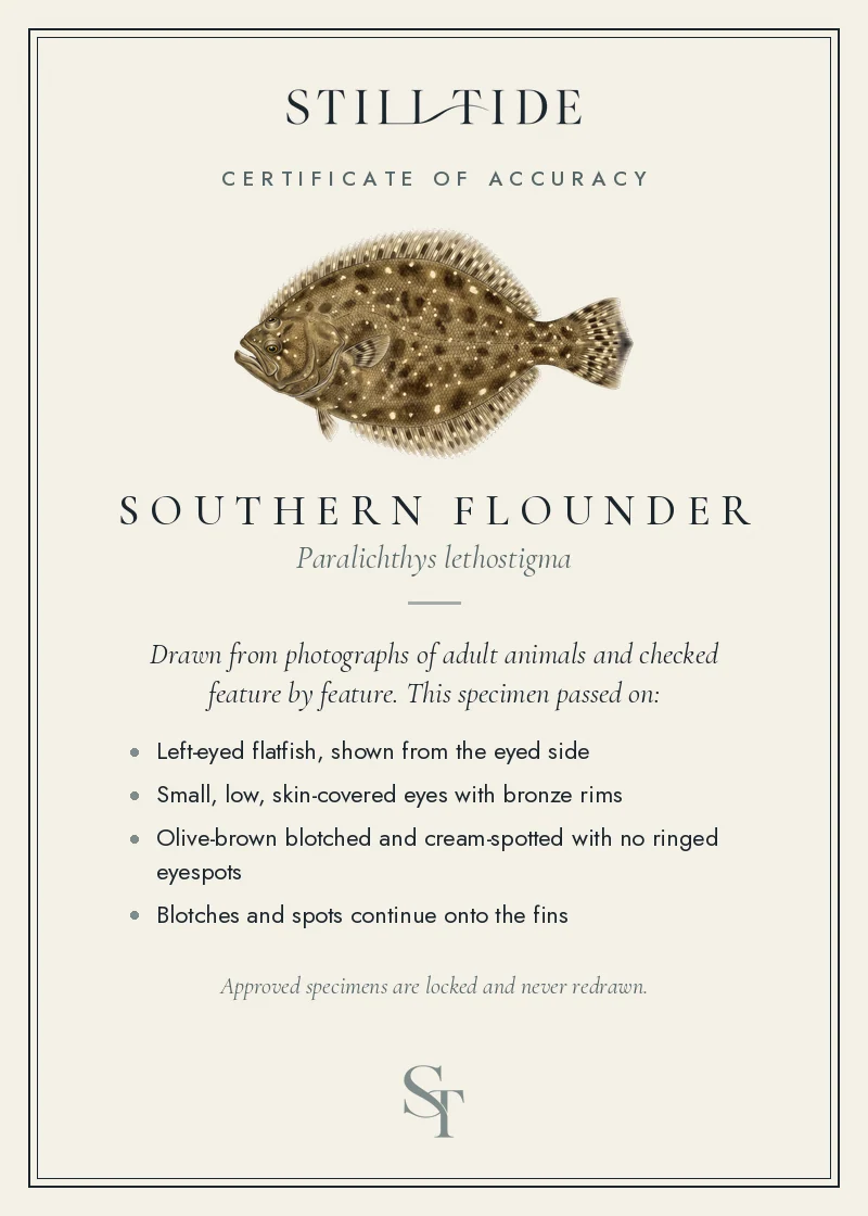 Certificate of accuracy for the Southern Flounder, listing each verified feature