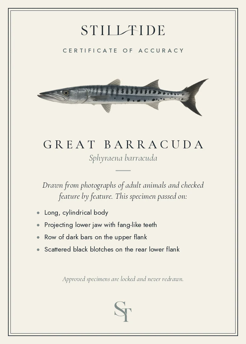 Certificate of accuracy for the Great Barracuda, listing each verified feature