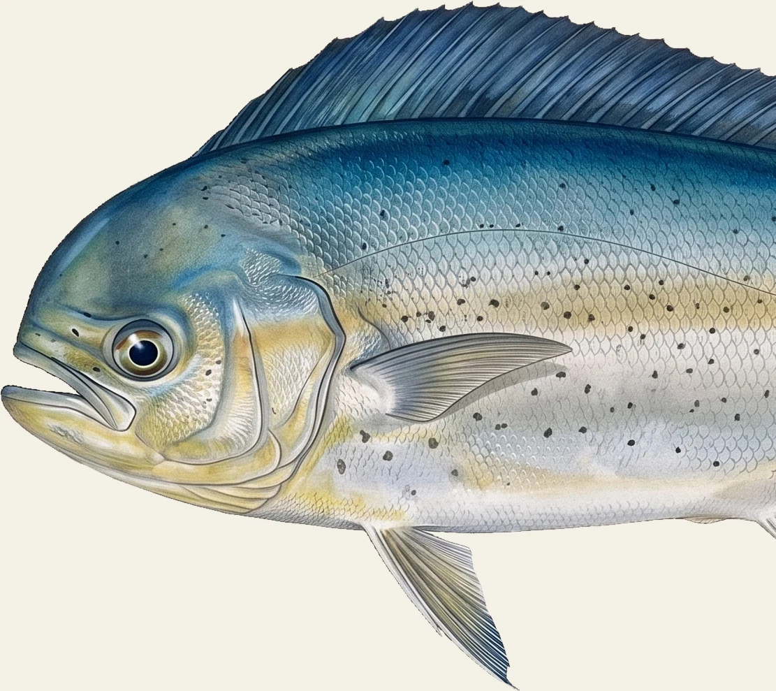 Detail of the Pompano Dolphinfish illustration at full resolution