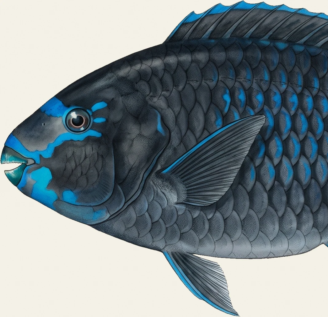 Detail of the Midnight Parrotfish illustration at full resolution
