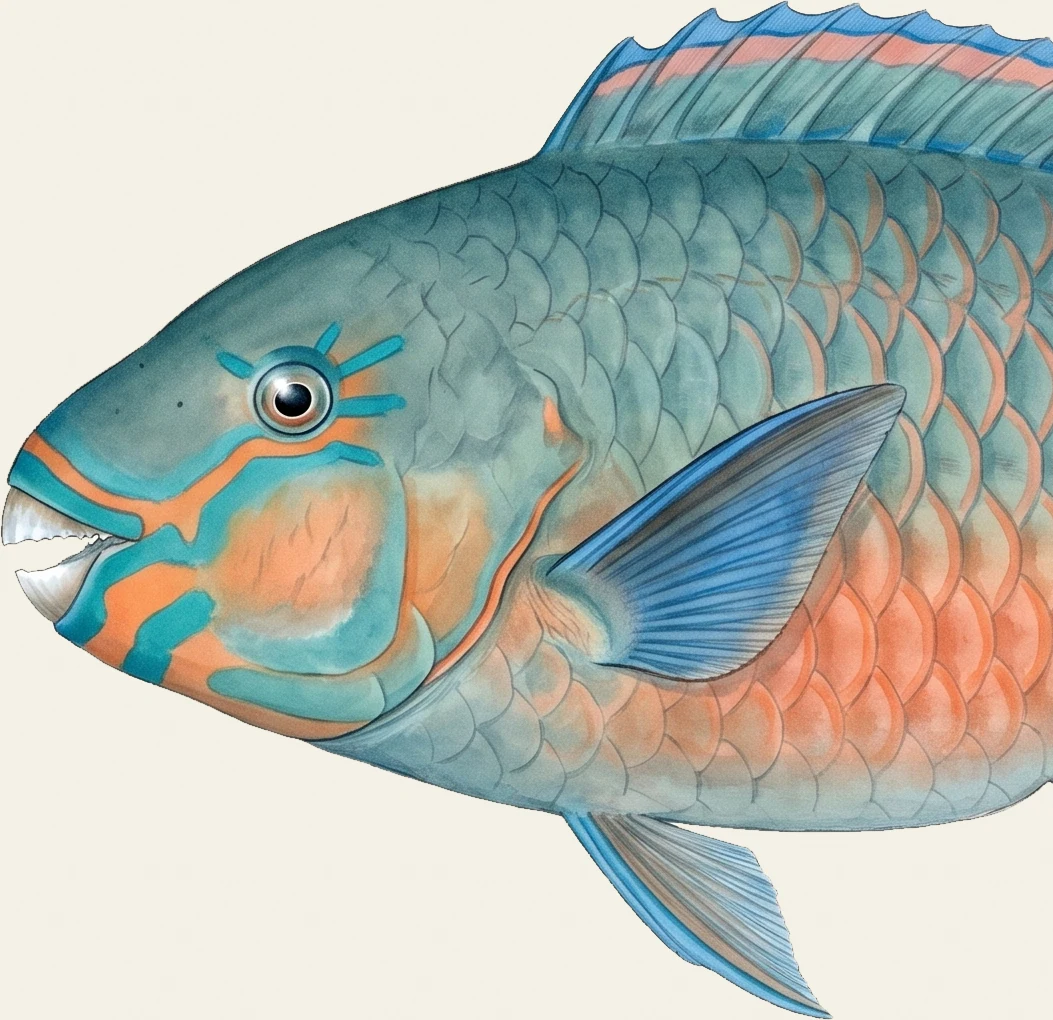 Detail of the Queen Parrotfish illustration at full resolution